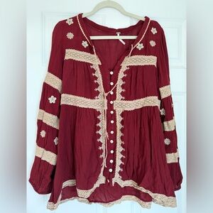 Free People Burgundy Boho Lace-Trim Button Front Tunic